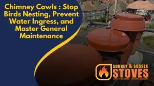 Orange terracotta chimney pots fitted with rain-deflecting cowls on Worthing rooftop - HETAS registered installation preventing water ingress and bird nesting