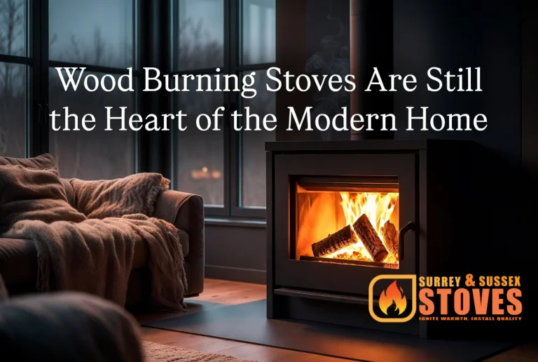 Modern wood burning stove with a roaring fire in a cozy living room setting, branded by Surrey & Sussex Stoves.