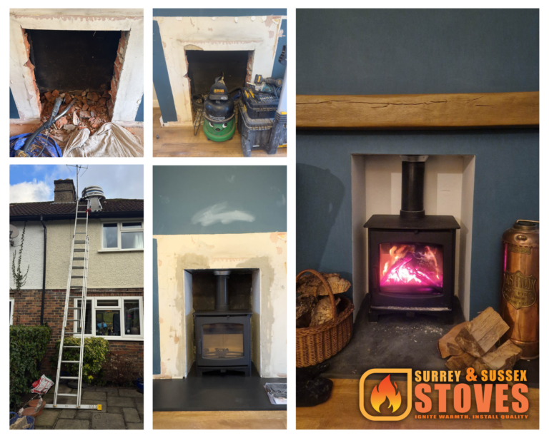 ECOSY+ Ottawa Deluxe Wide 5KW wood burning stove installation Coulsdon Surrey with Brazilian Riven Slate Black hearth and cast oak beam