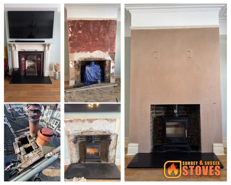 Full chimney stack rebuild and ECOSY+ Hampton XL wood burning stove installation Hove BN3 with black granite hearth and Midtec 316 liner by Surrey and Sussex Stoves