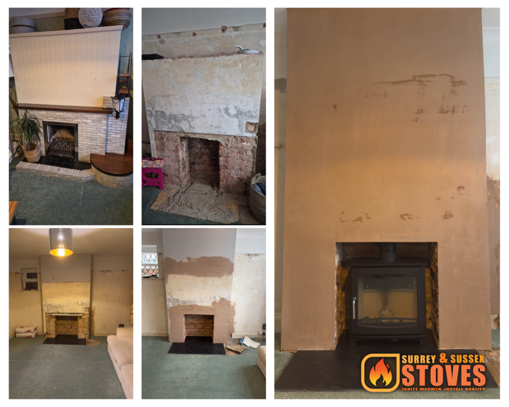 Wood burning stove installation Worthing BN11 - ECOSY+ Panoramic Wide 5KW before and after transformatio