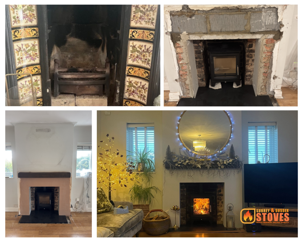 Victorian fireplace transformation and ECOSY+ Hampton XL wood burning stove installation Hove BN3 with Black Brazilian Riven Slate hearth and cast beam