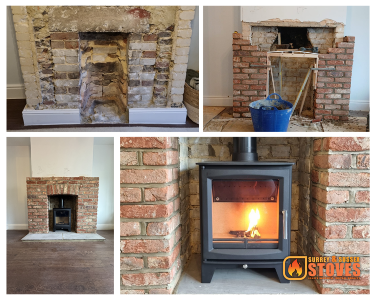 Bespoke brick surround and ECOSY+ Hampton XL wood burning stove installation Old Shoreham BN43 with sandstone hearth by Surrey and Sussex Stoves