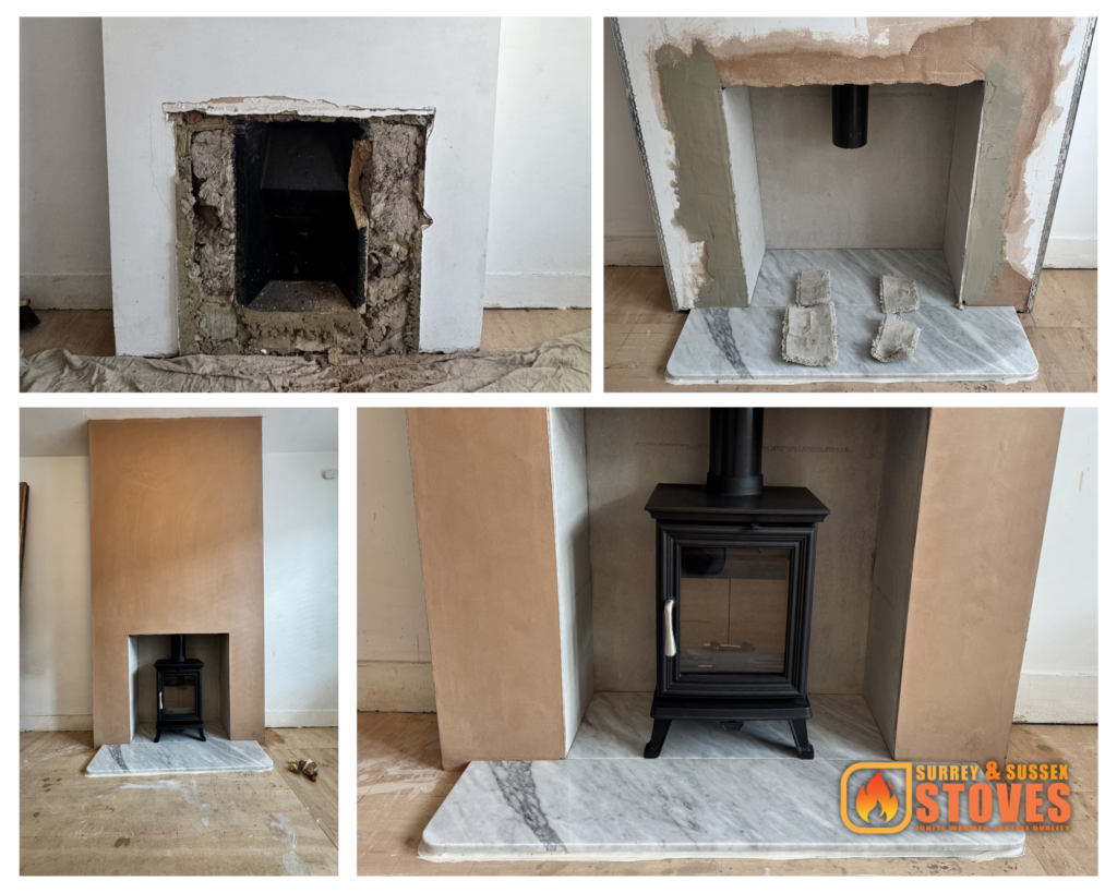 Structural fireplace opening and ECOSY+ TR5 Tall wood burning stove installation Worthing BN11 with Carrara marble hearth